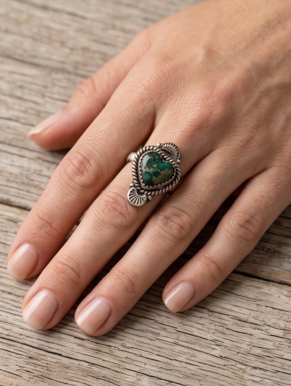 Sterling Silver Green Sanoran Gold Turquoise Adjustable  Heart Ring - Picture 4 of 9